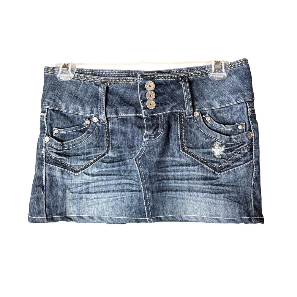 Y2K Rhinestone Low Rise Denim Mini Skirt Womens 0 Grunge McBling Almost Famous